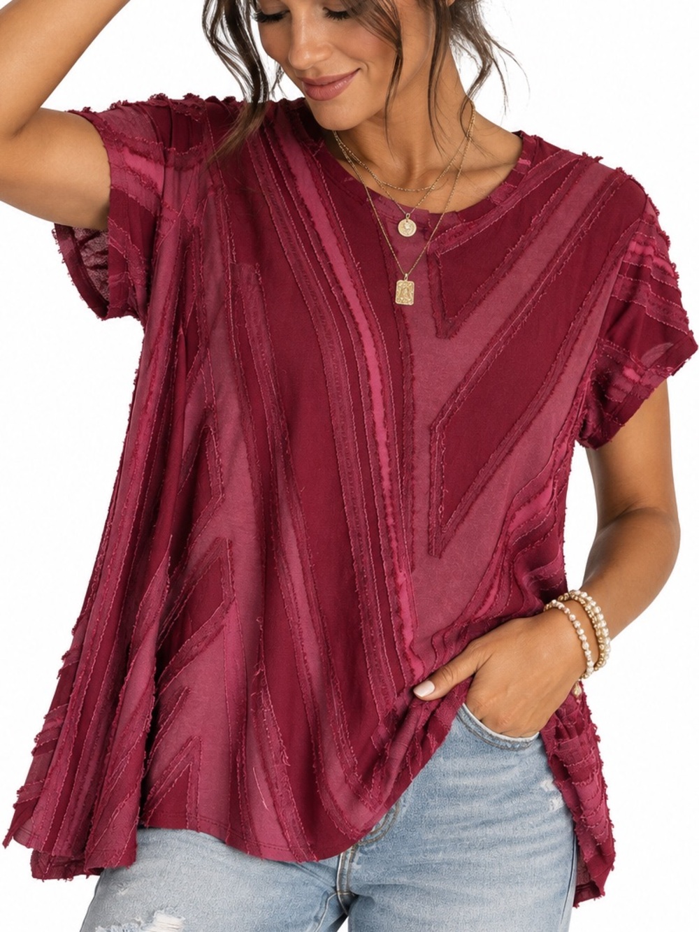 Simply Vera Vera Wang Burgundy Short Sleeve Textured Tunic